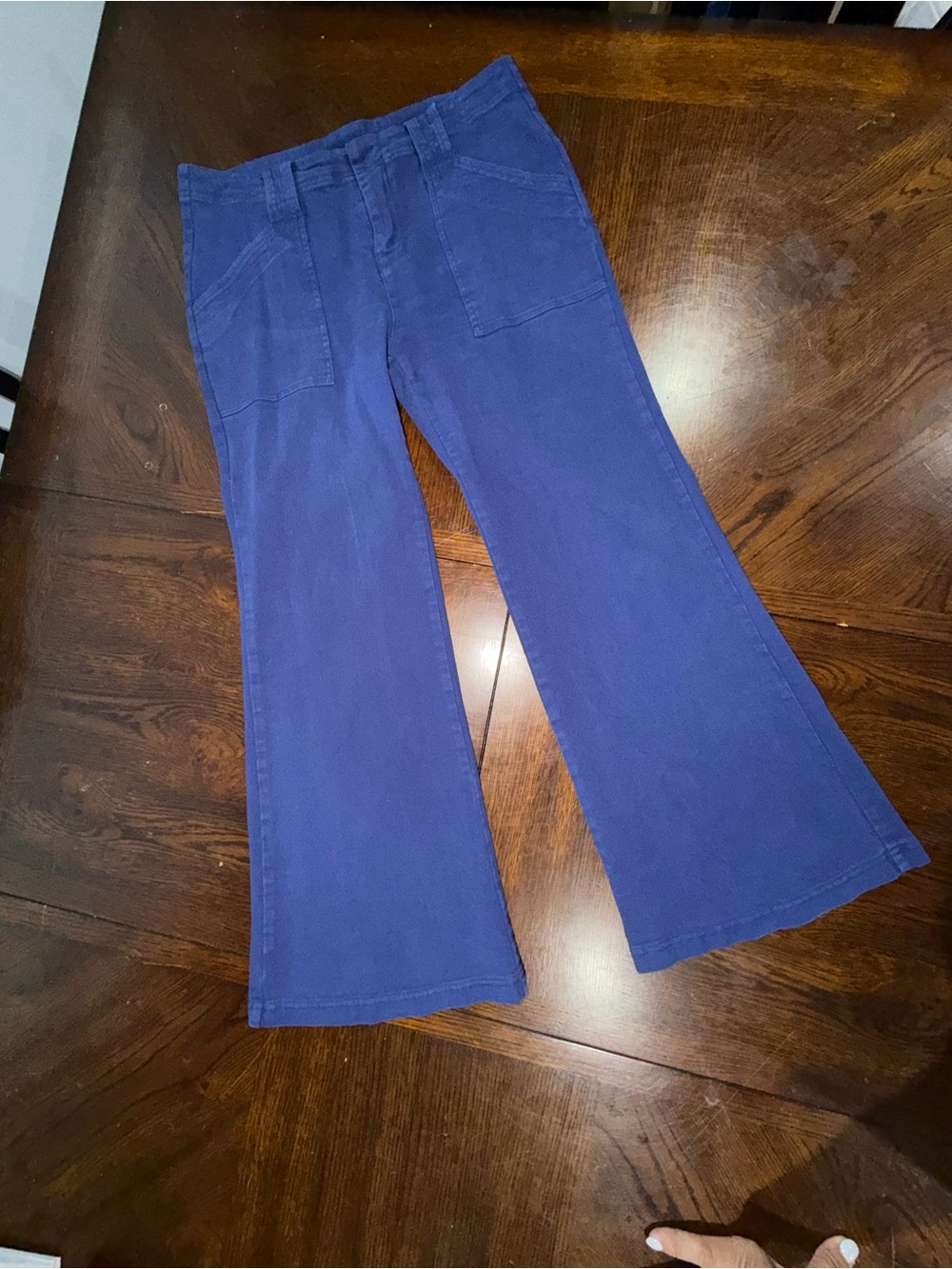 Umgee Women's Blue Solid Pants Zip Flared Pockets Sz L Stretch Slimming Boho